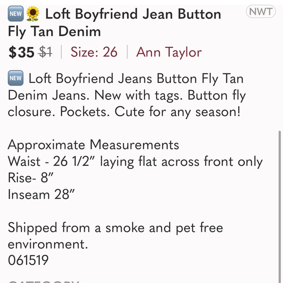 🆕🌻 Loft Boyfriend Jean Button Fly Tan Denim - Picture 4 of 9